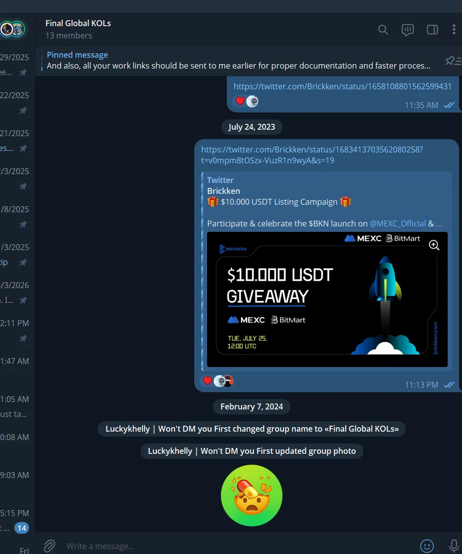 Final Global KOLs Group (13-member group screenshot showing MEXC/BitMart campaign)