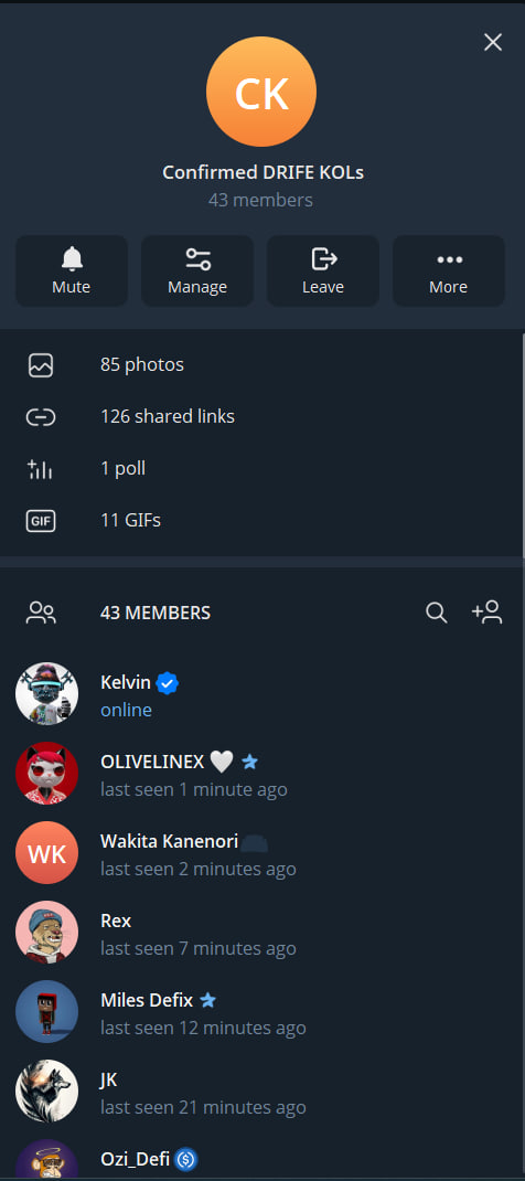 Confirmed DRIFE KOLs Group (43-member group screenshot)